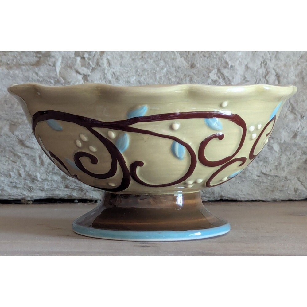 Vintage Russ Berrie & Co Ceramic Swirl Ice Cream Bowl Beige Brown Green Decor